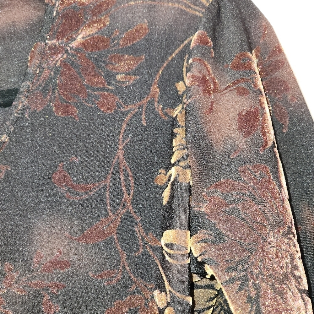 Vintage Velvet Burnout Browns & Gold Floral Long Sleeve V-Neck Top Size S/M Y2K - Picture 6 of 8